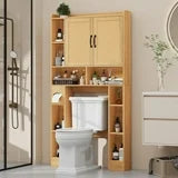 Vabches Rattan Over-The-Toilet Storage Cabinet with Toilet Paper Holder Above Toilet Organizer with Rattan Doors, Toilet Shelf for Restroom, Bathroom, Laundry