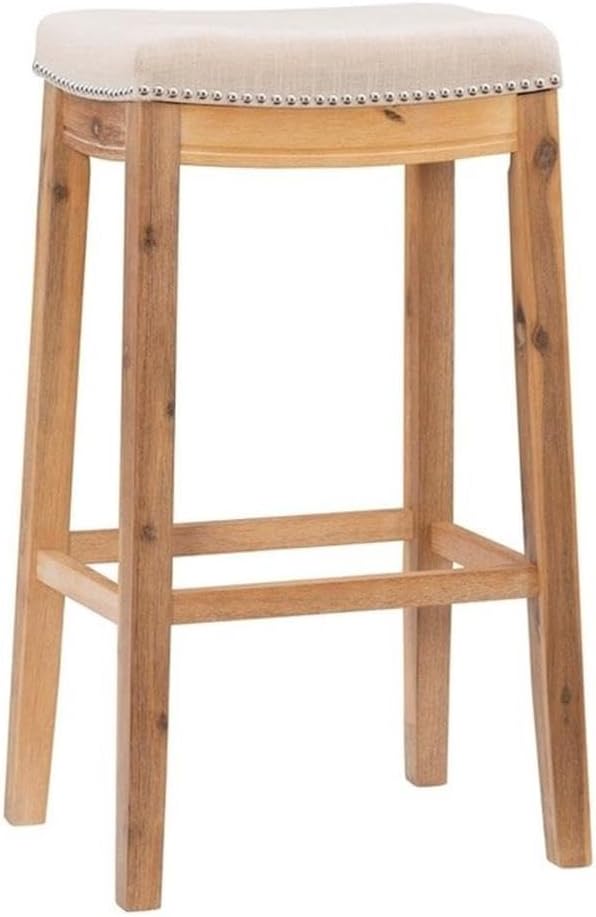 Linon Claridge Bar Stool Natural Padded Seat Acacia Wood Frame in Rustic Brown