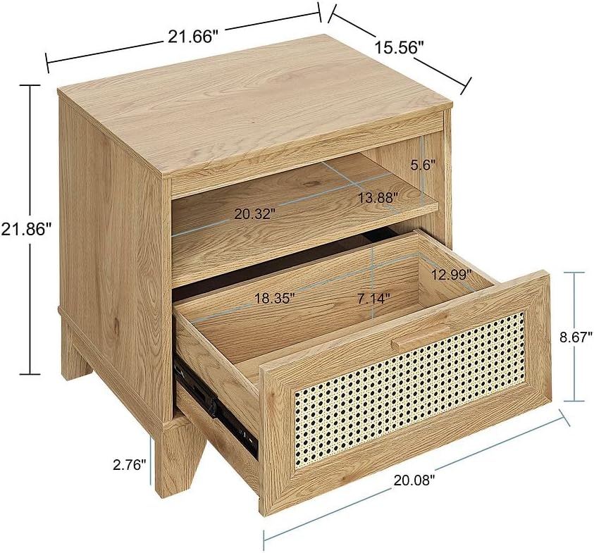 Manhattan Comfort Sheridan Cane Nightstand with Full-Extension Drawer and Open Shelf Cubby, Mid-Century Modern Bedside End Table, Boho Night Stand Accent Table for Bedroom or Living Room in Black