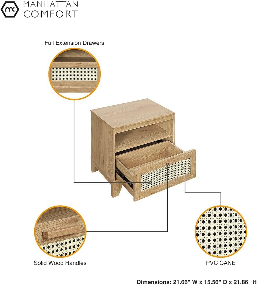 Manhattan Comfort Sheridan Cane Nightstand with Full-Extension Drawer and Open Shelf Cubby, Mid-Century Modern Bedside End Table, Boho Night Stand Accent Table for Bedroom or Living Room in Black