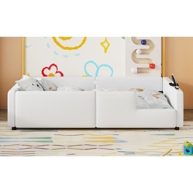 ModernLuxe Twin Size Upholstered Platform Bed with Guardrail and Charging Station White
