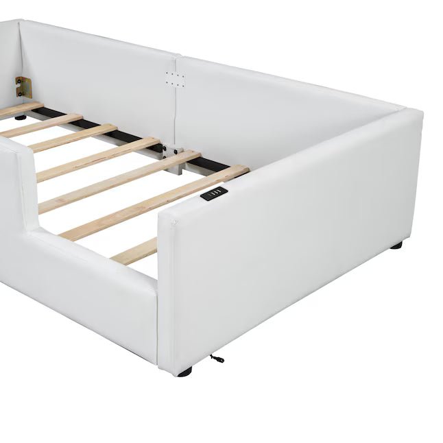 ModernLuxe Twin Size Upholstered Platform Bed with Guardrail and Charging Station White