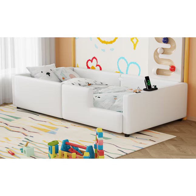 ModernLuxe Twin Size Upholstered Platform Bed with Guardrail and Charging Station White