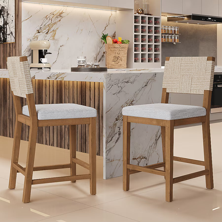 ModernLuxe Upholstered counter stool solid wood frame woven back for kitchen islands and bar tables Brown and Gray seat height 24.25 inches set of 2