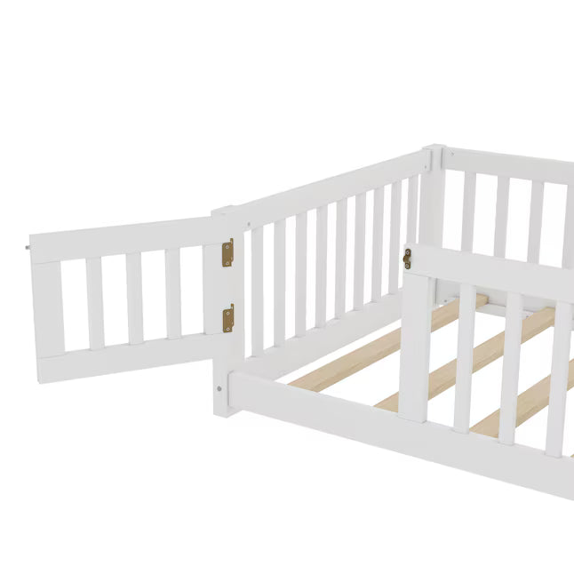 Bellemave Twin Size Montessori Floor Bed with High Rails and Door Sturdy Wood Floor Bed Frame for Kids White