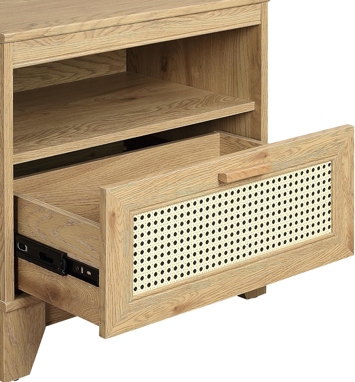 Manhattan Comfort Sheridan Cane Nightstand with Full-Extension Drawer and Open Shelf Cubby, Mid-Century Modern Bedside End Table, Boho Night Stand Accent Table for Bedroom or Living Room in Black