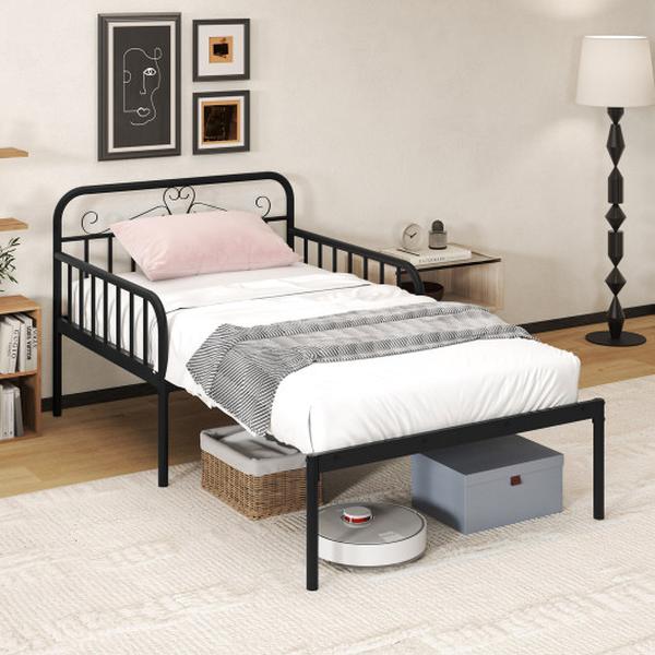 Costway HU10849-DK Extendable Metal Daybed to Twin Size Bed with Guardrails & Armrests - Black