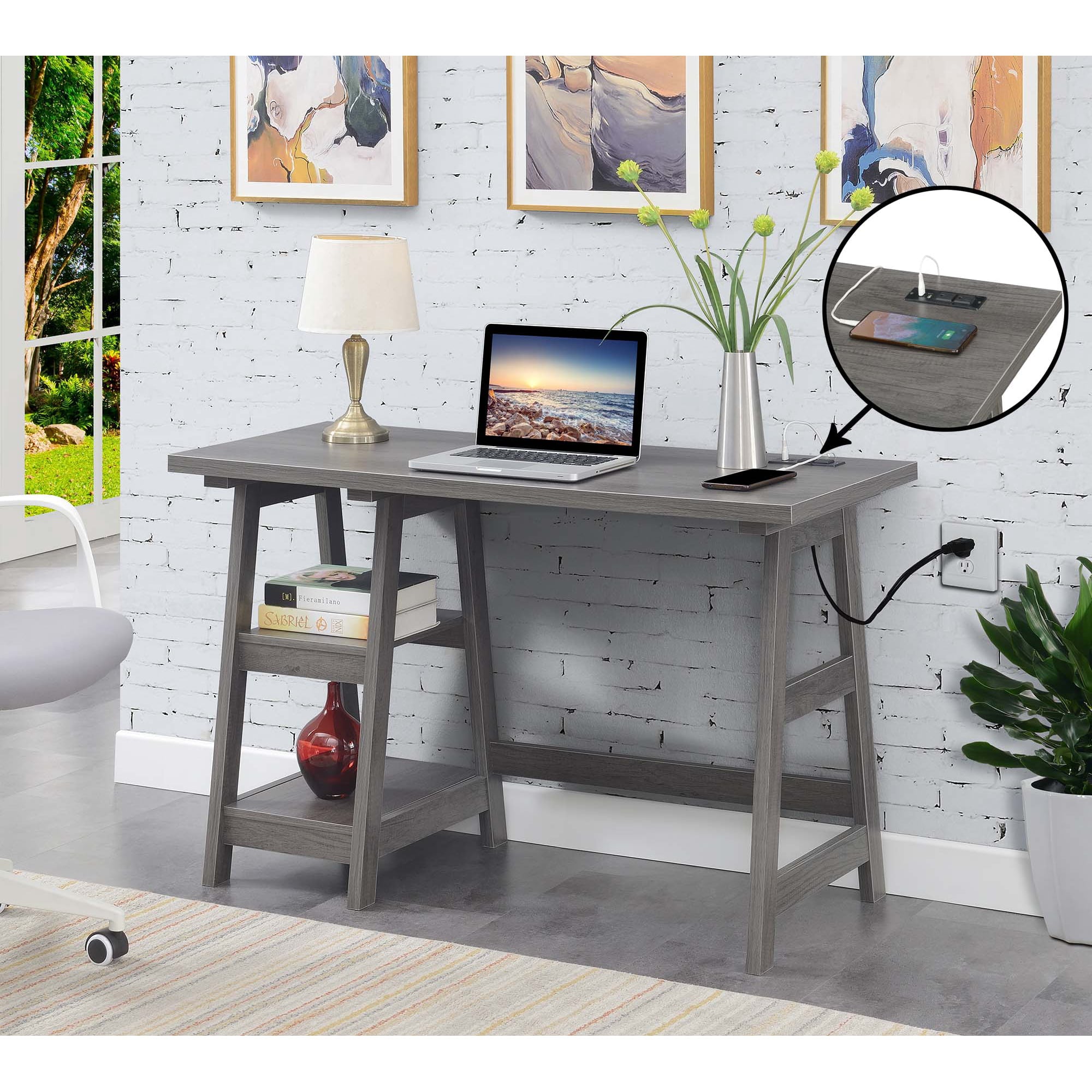Convenience Concepts Designs2Go Trestle Desk with Charging Station and