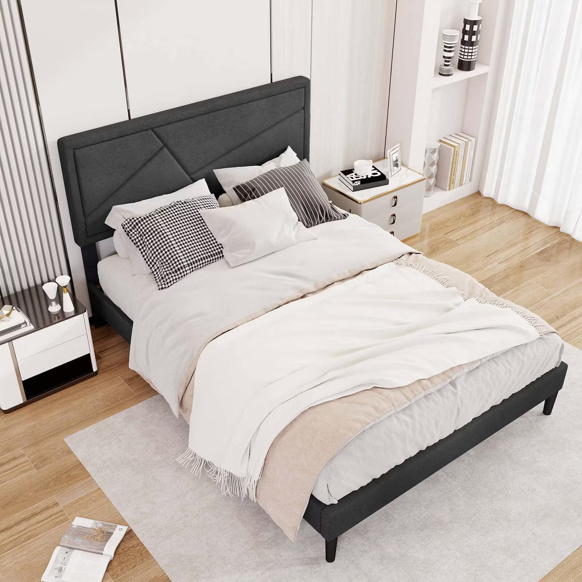 Costway Full Size Bed Frame with High Headboard & Wooden Slats No Box Spring Needed