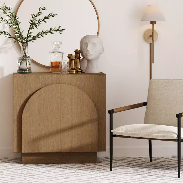 Nathan James Iris Mid-Century Arched Storage Cabinet Natural Brushed Light Brown: Veneer Surface, Fixed Shelf, Wood Frame