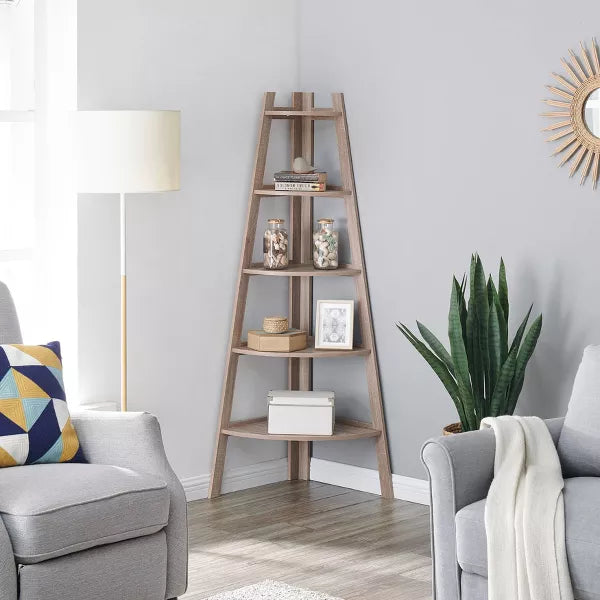 63" x 26.5" Five-Tier Pyramid Corner Ladder Shelf Weathered Oak - Danya B.: Modern Display, Open Shelves