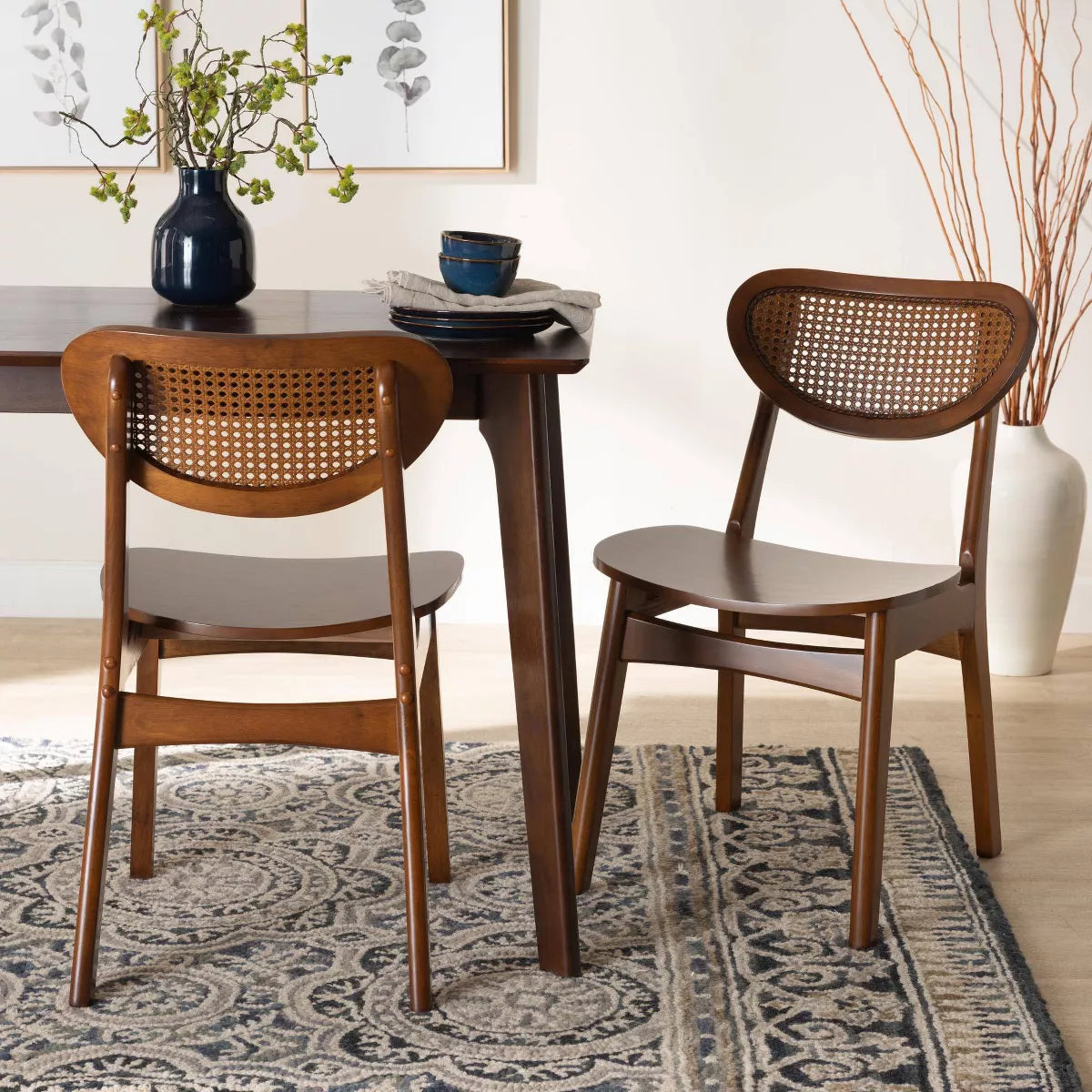 Baxton Studio 2pc Hesper Wood and Rattan Dining Chair Set Walnut Brown/Light Brown: Mid-Century, Crescent Backrest, Angled Legs