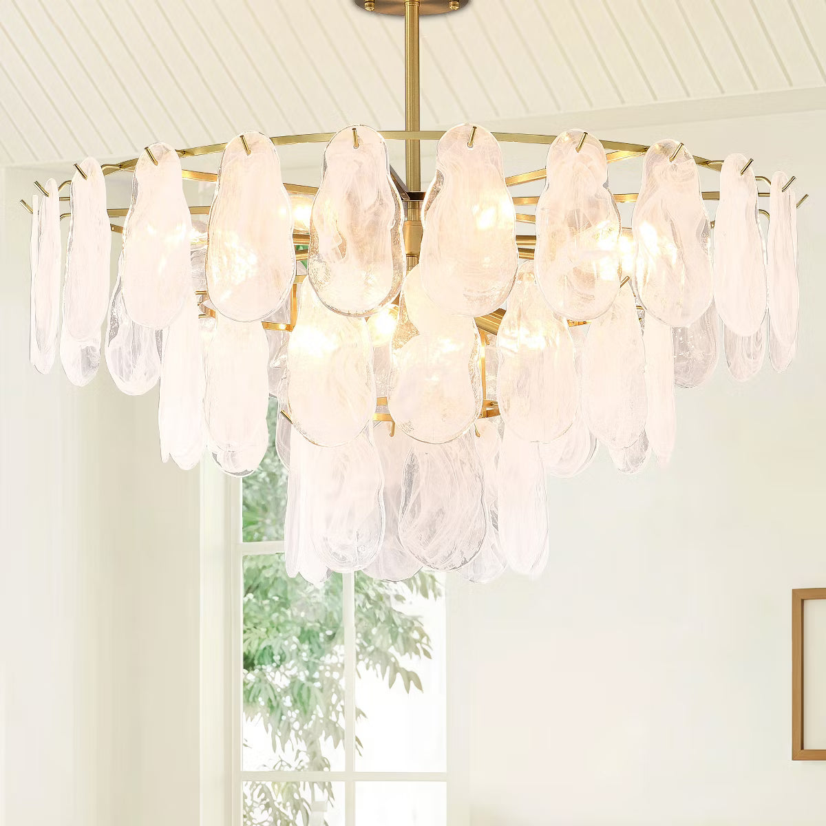 BAOURE 31.5" Modern Gold Chandelier, 3-Tier Cloud Glass Pendant Ceiling Light with 12 Lights for Living Room, Bedroom Dining Room