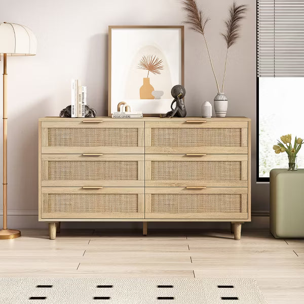51.18" 6-Drawer Rattan Dresser, Storage Cabinet for Living Room and Bedroom, Natural - ModernLuxe
