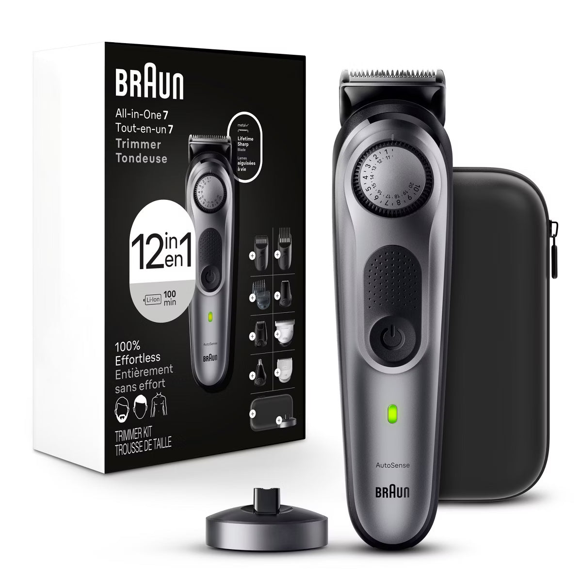 Braun Series 7 AiO7440 Rechargeable 12-in-1 Body, Beard & Hair Trimmer: All Hair Types, Includes Charger Base, Body Groomer Head