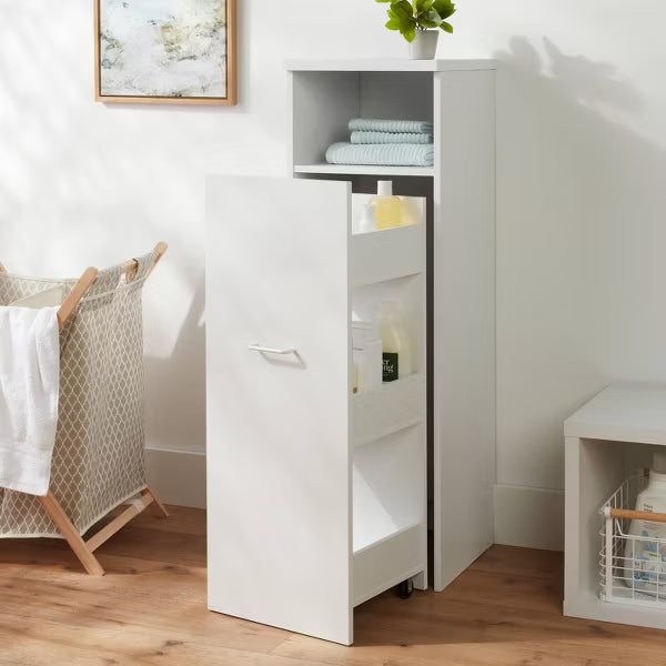 Narrow Storage Cabinet with Pull Out Cart White - Brightroom™: Utility Cart, Rolling Casters, Particle Board, 45" Height