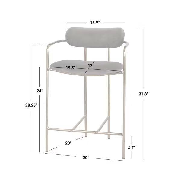 Buylateral Set of 2 Retro Velvet 24" Counter Height Barstools Gray: Gold Frame, Padded Back
