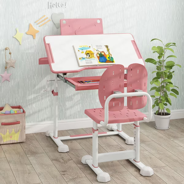 Costway HY10409PI Kids Study Desk & Chair Set with Tilt Desktop & Book Stand, Pink