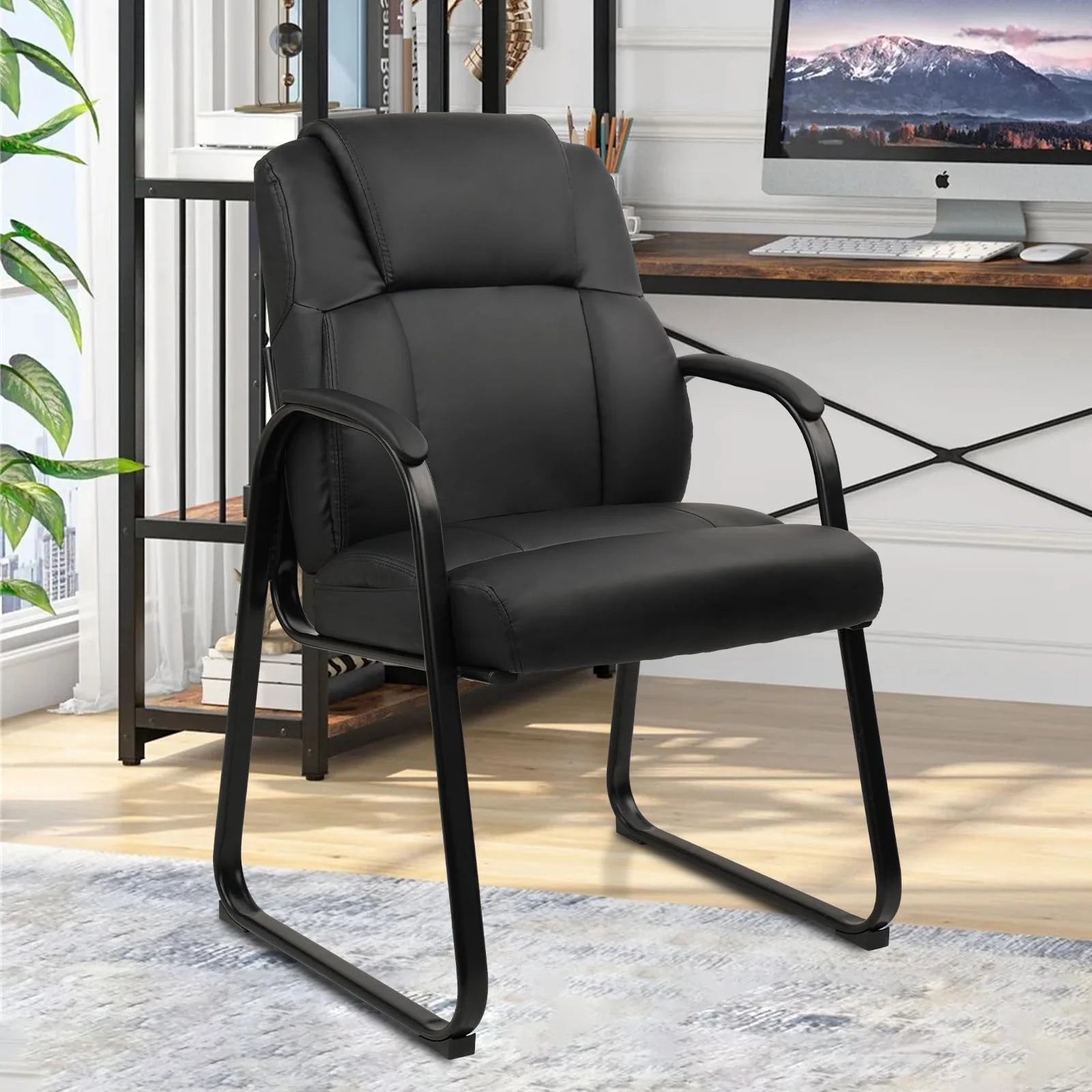 CLATINA Leather Guest Chair with Padded Arm Rest and Sled Base Meeting Conference and Waiting Room Side Office Home BIFMA Certified Black 1 Pack