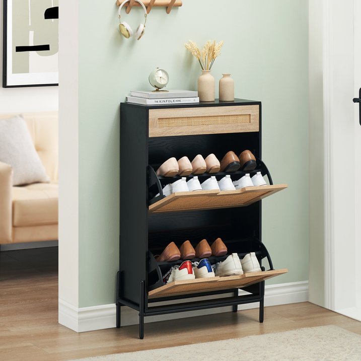 Natural Rattan 2 Flip Door Shoe Cabinet with 1 Drawer, Shoe Rack Storage Organizer for Sneakers, Leather Shoes, High Heels, Slippers, Free Standing Shoe Rack, Entrance Hallway Bedroom Mudroom