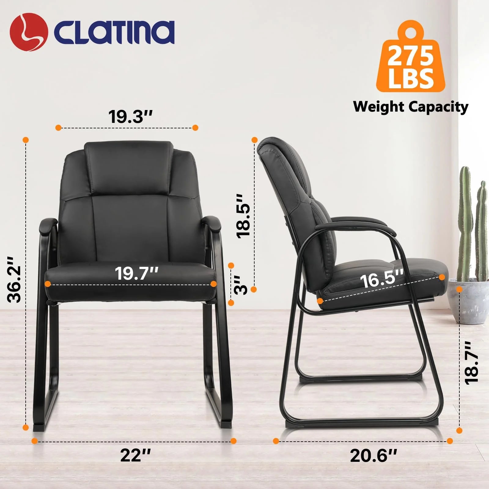 CLATINA Leather Guest Chair with Padded Arm Rest and Sled Base Meeting Conference and Waiting Room Side Office Home BIFMA Certified Black 1 Pack