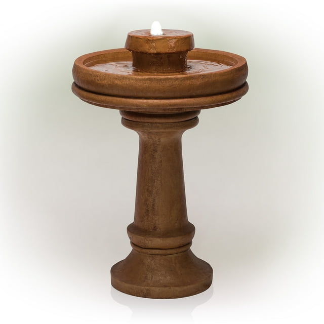 Alpine Corporation 29 in. Tall Outdoor 2-Tier Traditional Birdbath Water Fountain with LED Lights