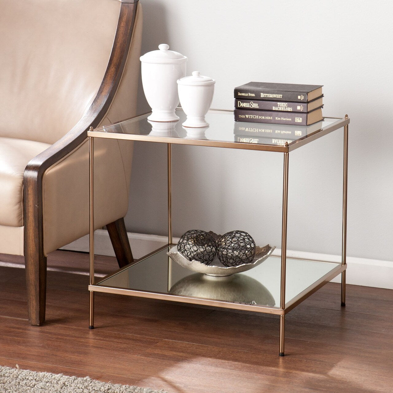 Southern Enterprises 22.25" Gold and Clear Contemporary Knox Mirrored Rectangular End Table