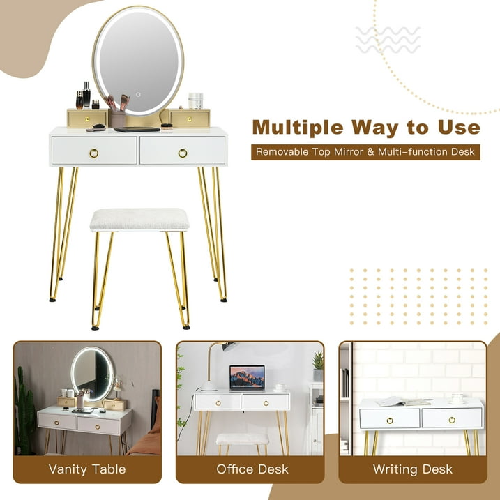 Industrial Mirrored Vanity Makeup Dressing Table Padded Stool Set 3-Color Lights