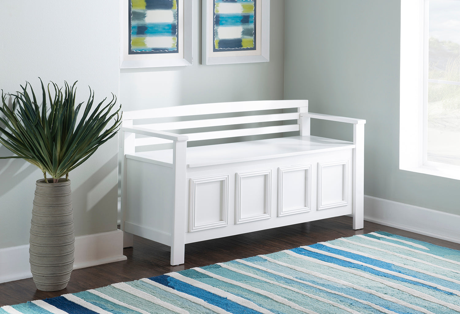Linon Lenly Ladder Back Wood Bench with Flip Top Storage 46 L X 17 D X 25 H White