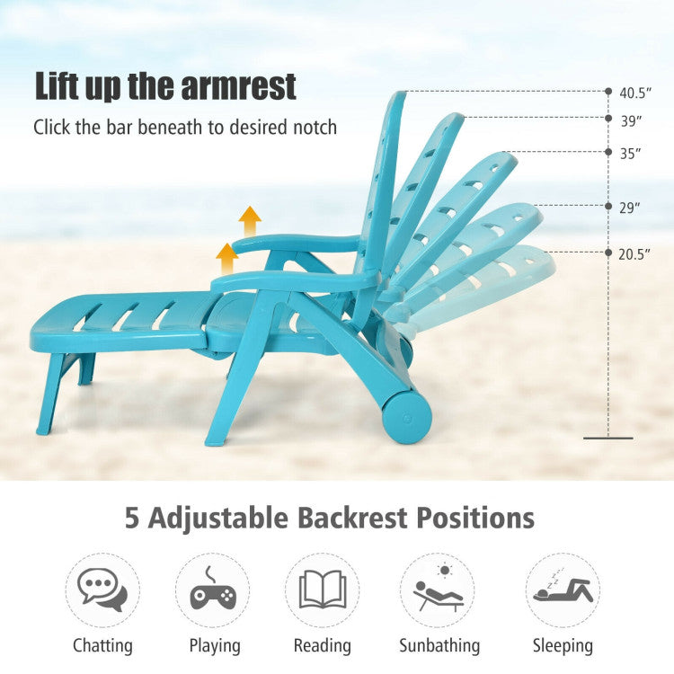 5 Position Adjustable Folding Lounger Chaise Chair on Wheels