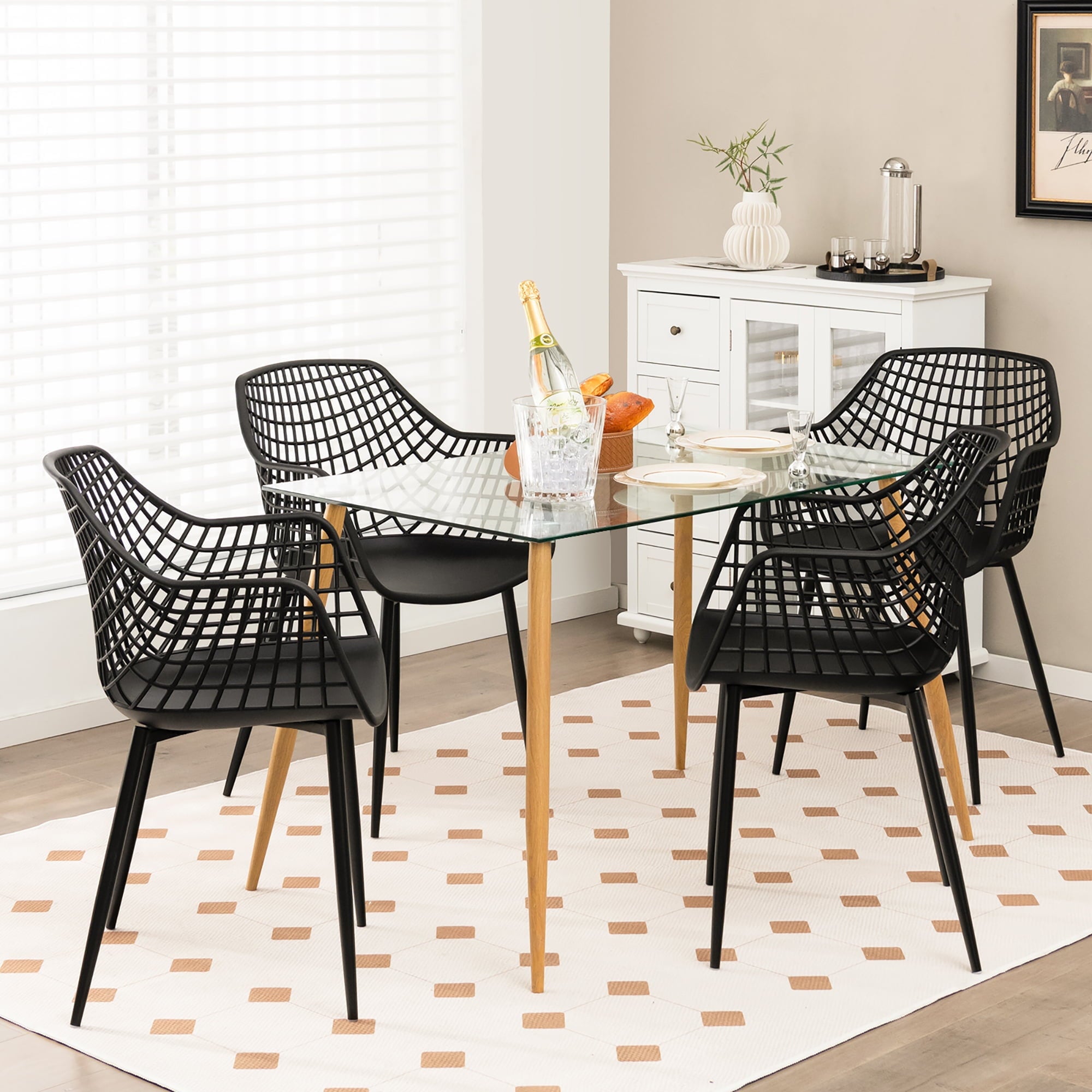 Costway Modern Dining Chair Set of 4 Plastic Shell Hollow withMetal Legs for Living Room Black