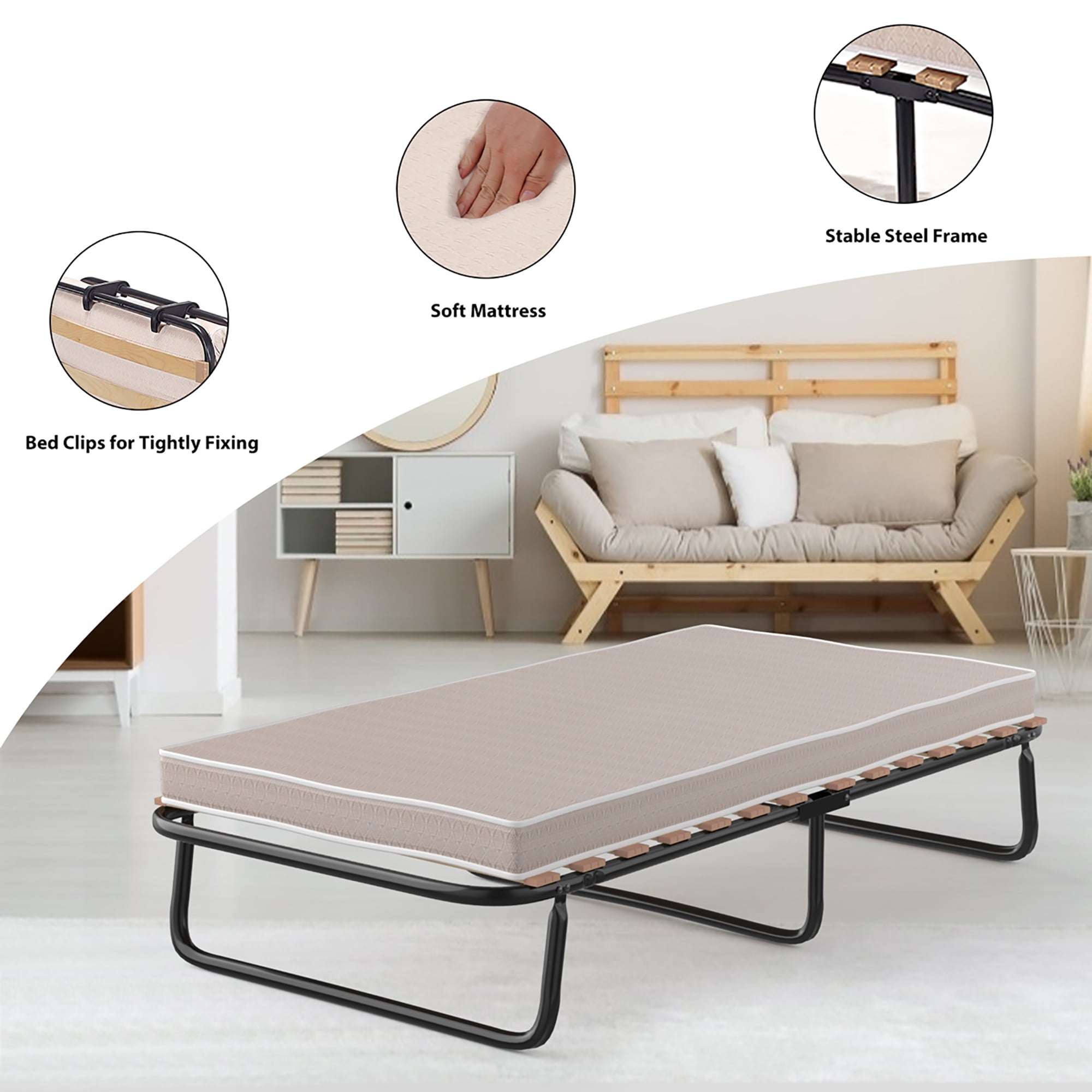 Costway Folding Bed w/Memory Foam Mattress Metal Guest Sleeper Wood Slats Made in Italy