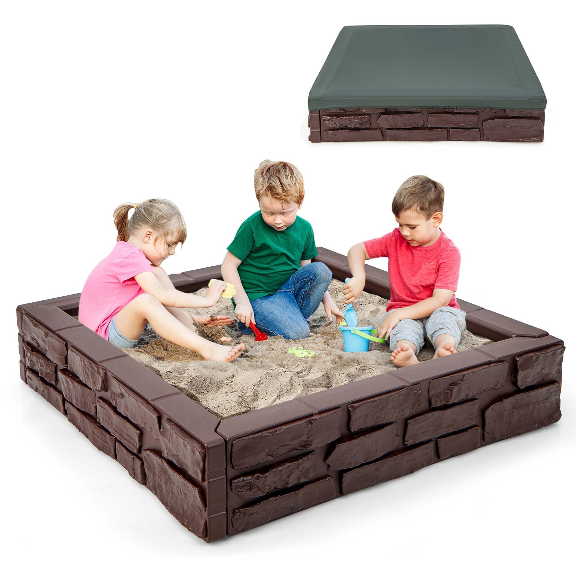 Kids Sandbox with Cover Bottom Liner Backyard Beach HDPE Sandpit for Outdoor Play Brown