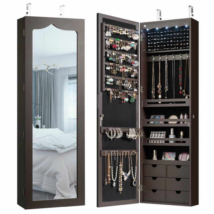 Lockable Wall Mounted Mirror Jewelry Armoire with 5 LEDs and 6 Drawers