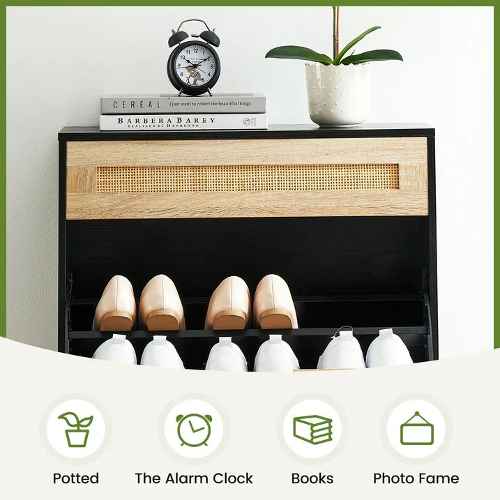 Natural Rattan 2 Flip Door Shoe Cabinet with 1 Drawer, Shoe Rack Storage Organizer for Sneakers, Leather Shoes, High Heels, Slippers, Free Standing Shoe Rack, Entrance Hallway Bedroom Mudroom