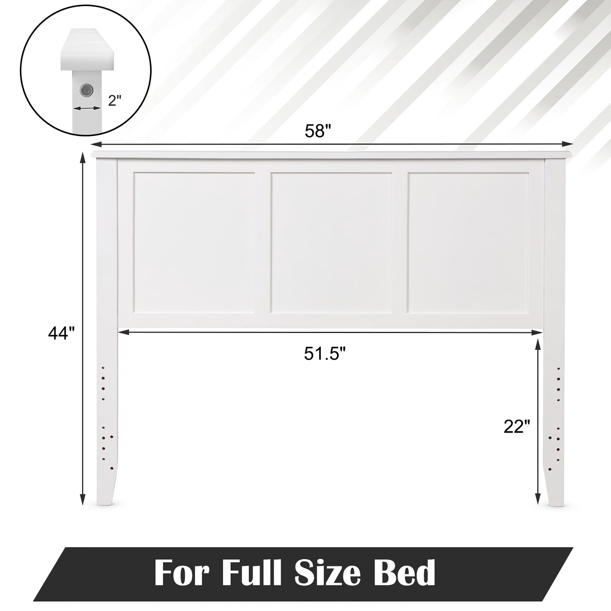 Full Wood Headboard Flat Panel Pre-drilled Holes Height Adjustment White