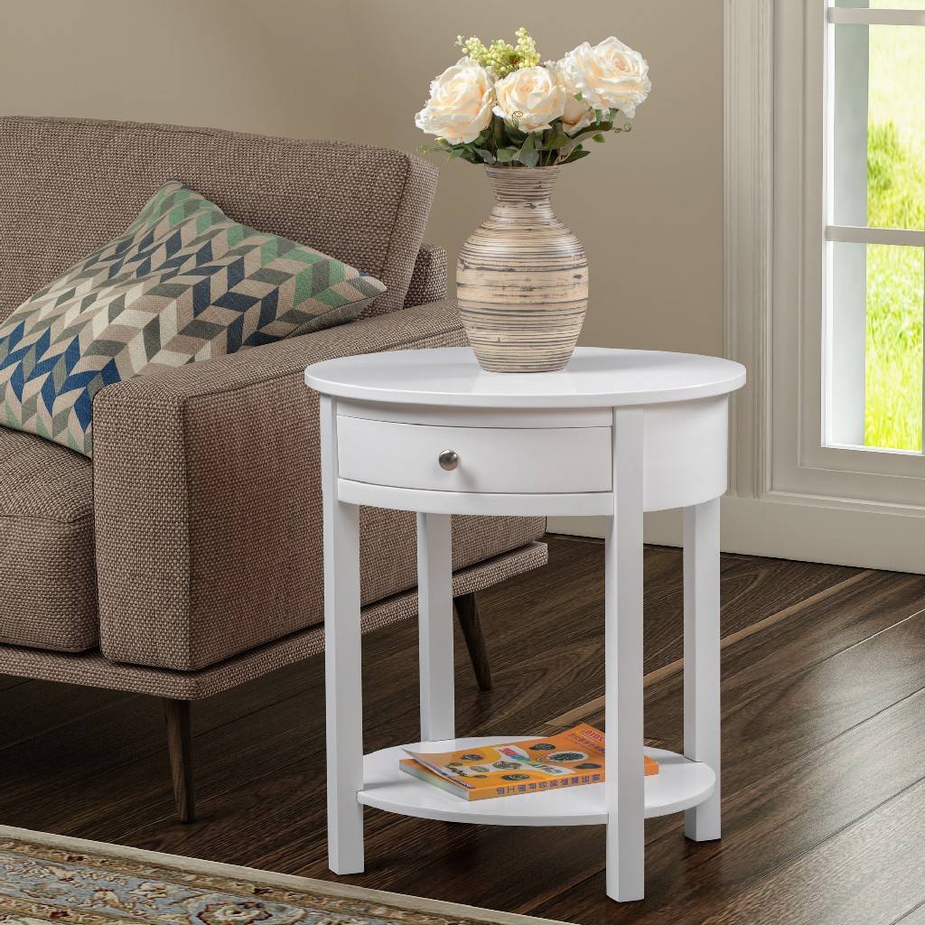 Convenience Concepts Classic Accents Cypress 24 in. White Standard Oval Wood End Table with 1-Drawer and Shelf