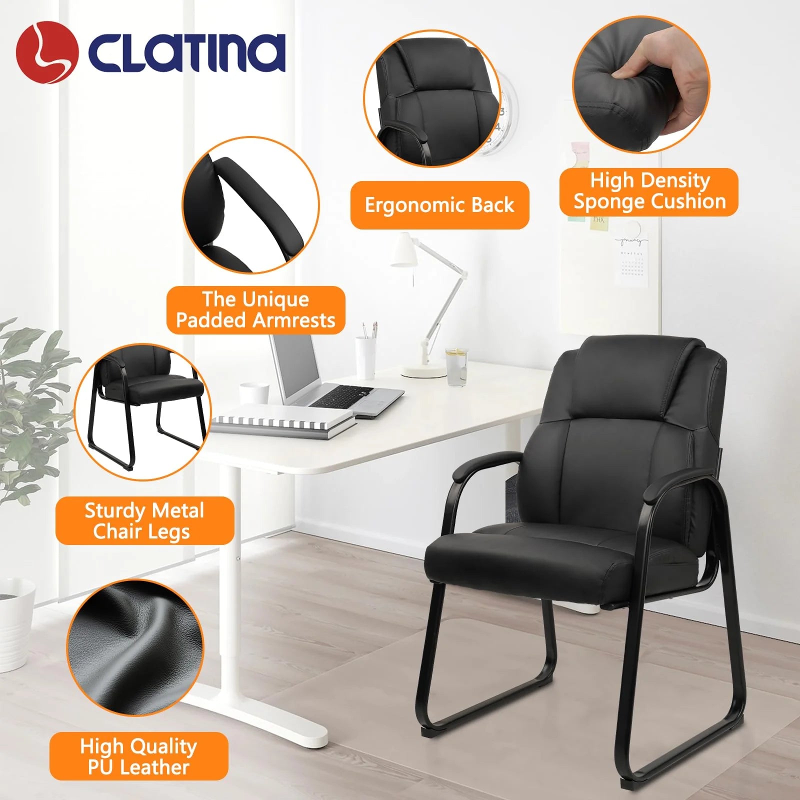 CLATINA Leather Guest Chair with Padded Arm Rest and Sled Base Meeting Conference and Waiting Room Side Office Home BIFMA Certified Black 1 Pack