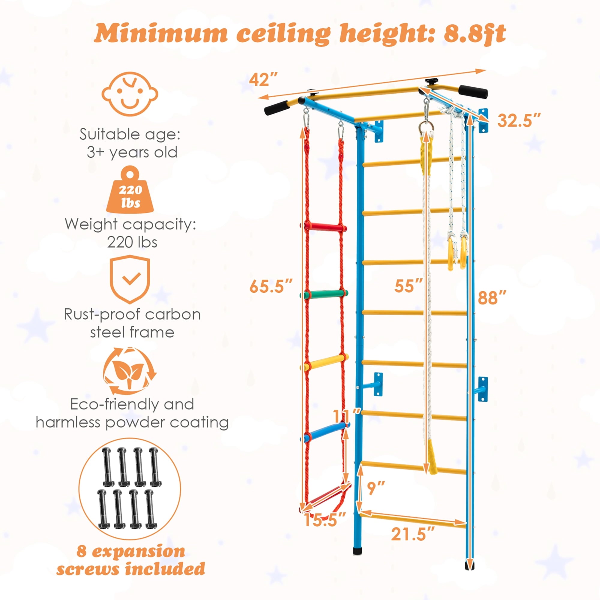 5 in 1 Kids Indoor Gym Playground Swedish Wall Ladder Children Home Climbing Gym Blue