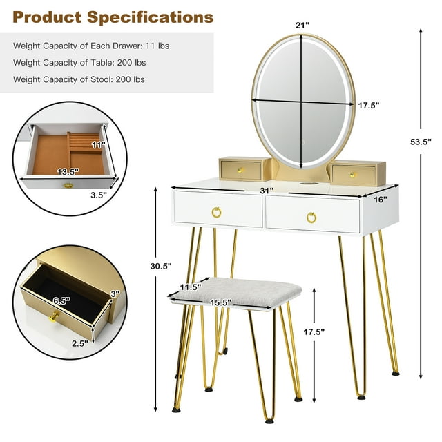 Industrial Mirrored Vanity Makeup Dressing Table Padded Stool Set 3-Color Lights