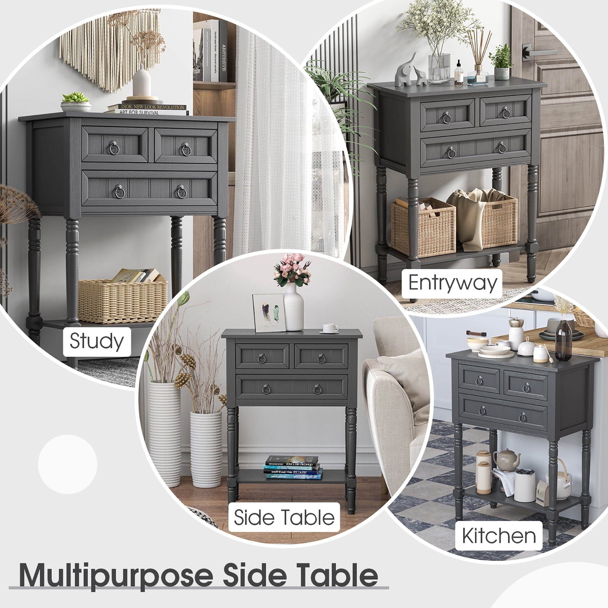 Console Entryway Table w/ 3 Drawers Open Shelf for Hallway Living room Dark Grey