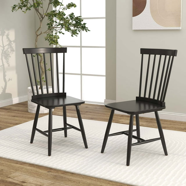 Costway Windsor Dining Chairs Set of 2 Armless Spindle Back Solid Rubber Wood Black