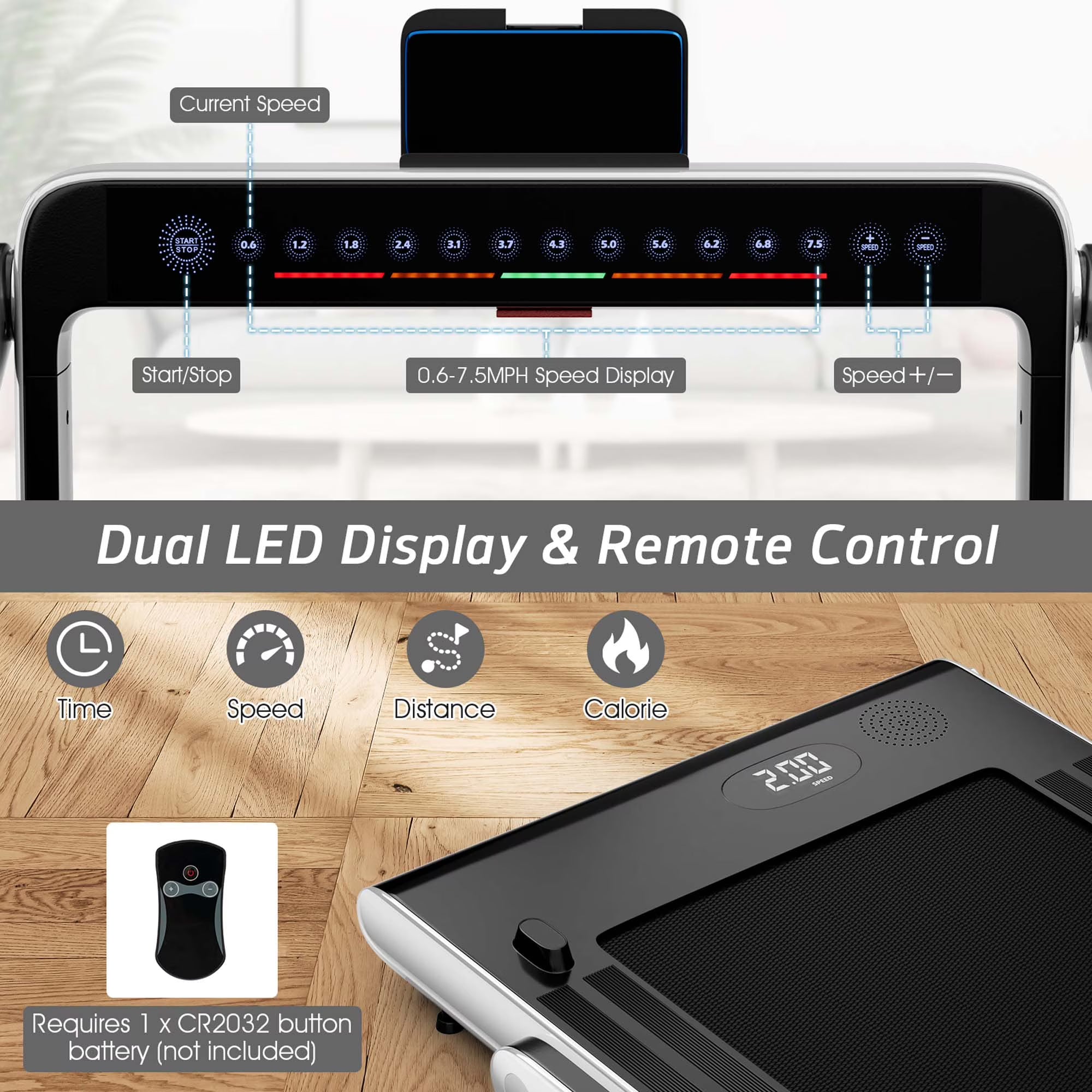 Costway Up To 7.5MPH 2.25HP 2 in 1 Dual Display Screen Treadmill Jogging Machine W/APP Control Silver