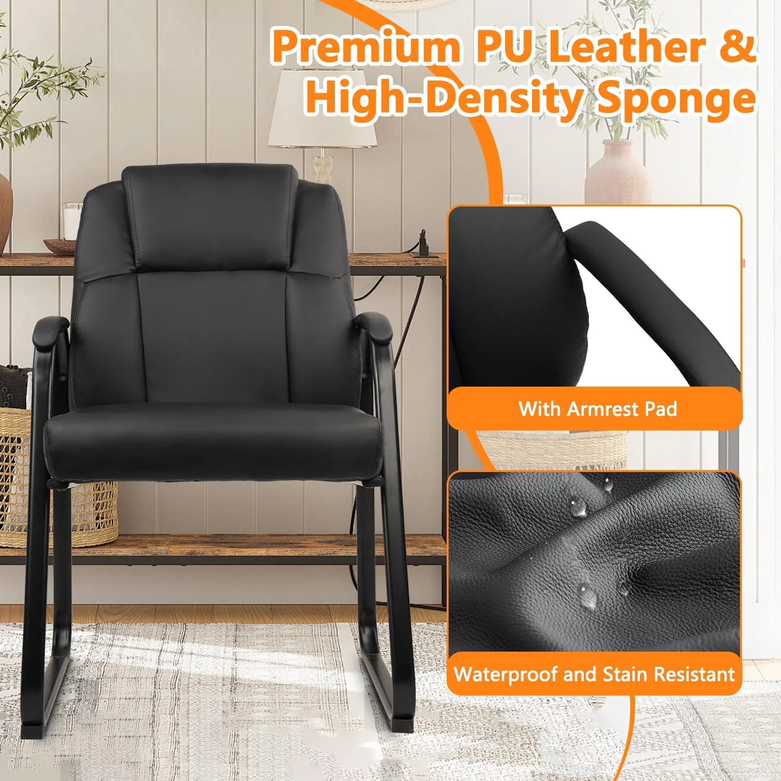 CLATINA Leather Guest Chair with Padded Arm Rest and Sled Base Meeting Conference and Waiting Room Side Office Home BIFMA Certified Black 1 Pack