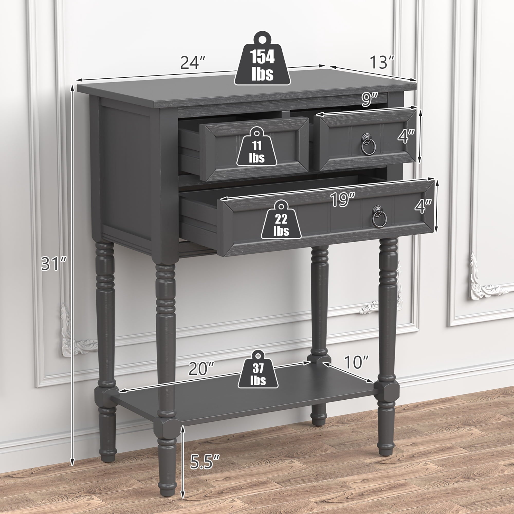 Console Entryway Table w/ 3 Drawers Open Shelf for Hallway Living room Dark Grey