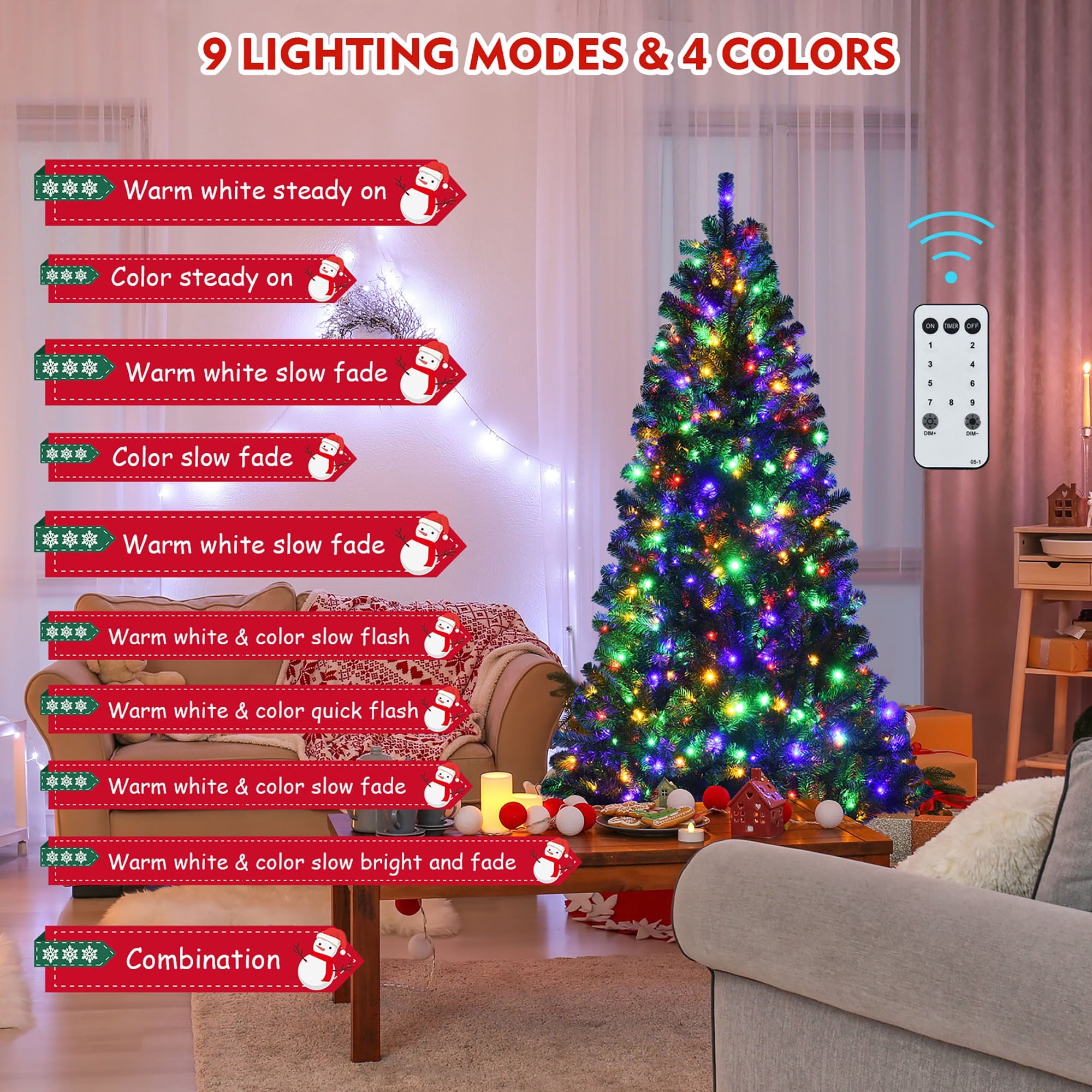 Costway 6ft Pre-lit Hinged Christmas Tree w/ Remote Control & 9 Lighting Modes