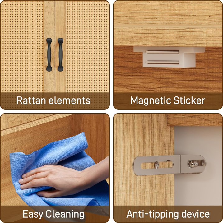 Vabches Rattan Over-The-Toilet Storage Cabinet with Toilet Paper Holder Above Toilet Organizer with Rattan Doors, Toilet Shelf for Restroom, Bathroom, Laundry