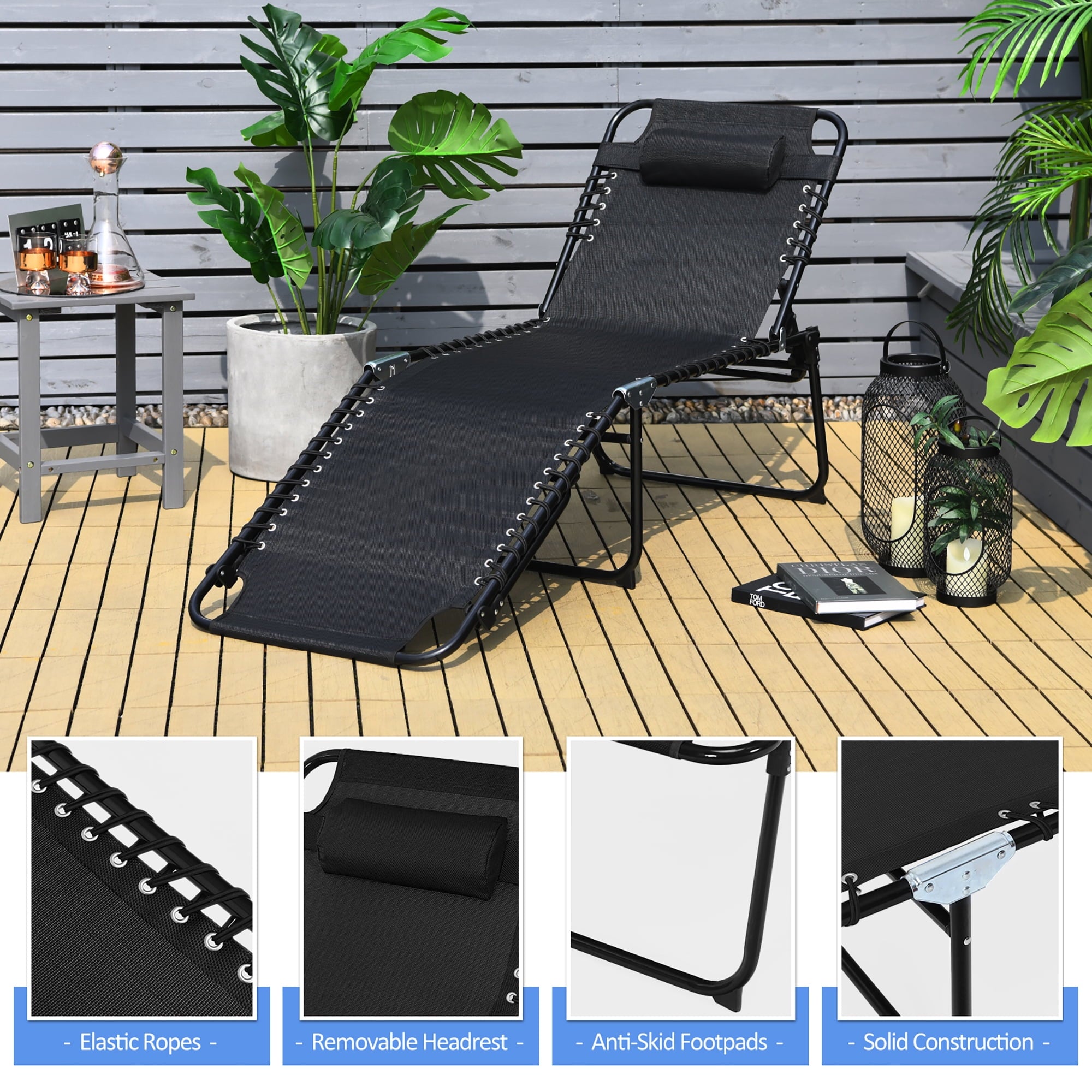 Folding Lounge Chaise 16'' High Recline Chair W/Adjustable Backrest and Footrest Black