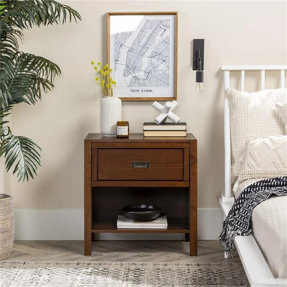 Lydia 1-Drawer Classic Solid Wood Bedroom Nightstand in Walnut