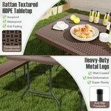 Barara King Outdoor Picnic Tables,Patio Table for Outdoor Use,6 ft Portable Folding Table with Rattan-Like HDPE Tabletop and Safe Lock Mechanism-Brown